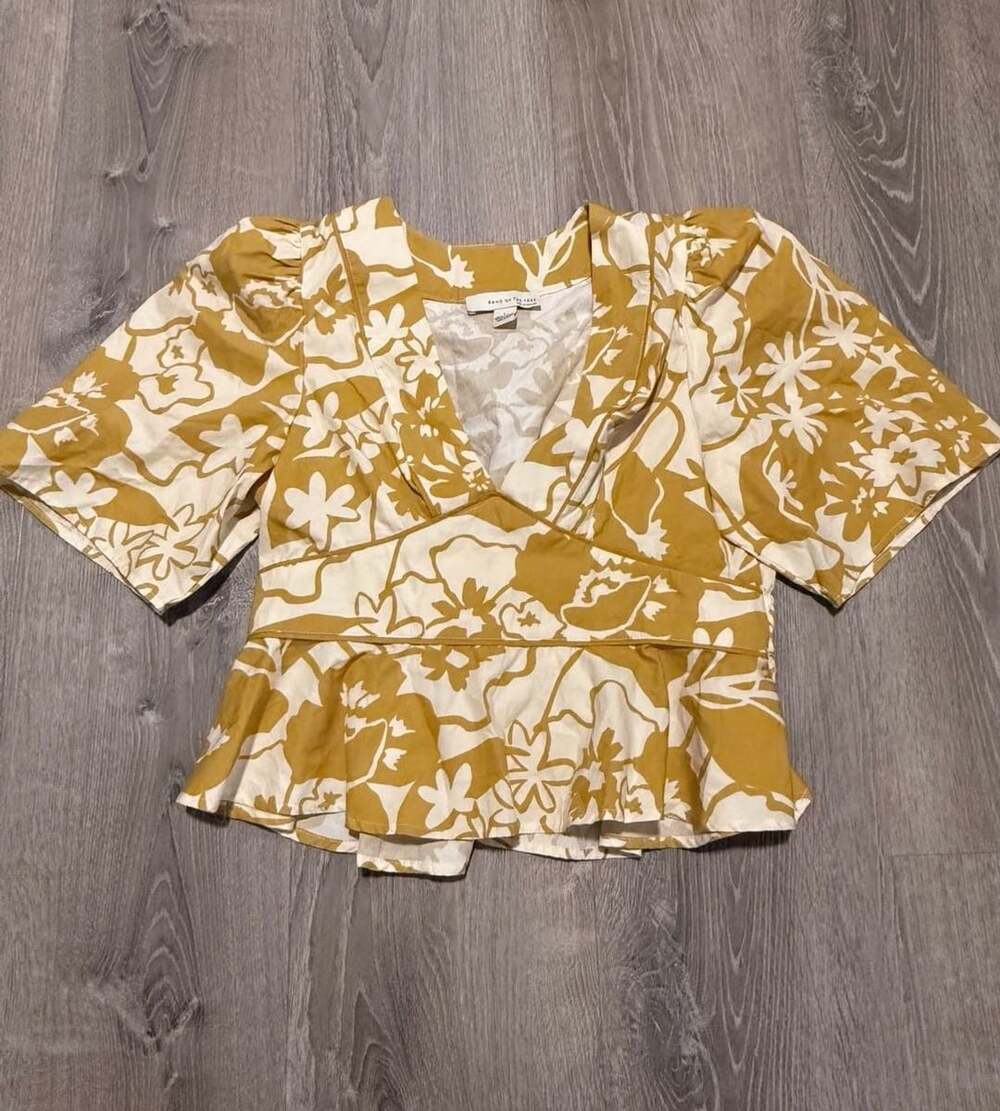 Band of the Free Floral Smocked Cotton Blouse Size L Mustard White